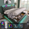 Full size Upholstered bed, 360 surround LED function, Buttons/Apps/Remote Control, hydraulic storage bed with USB Type-C charging, Black,PU (Without mattress)