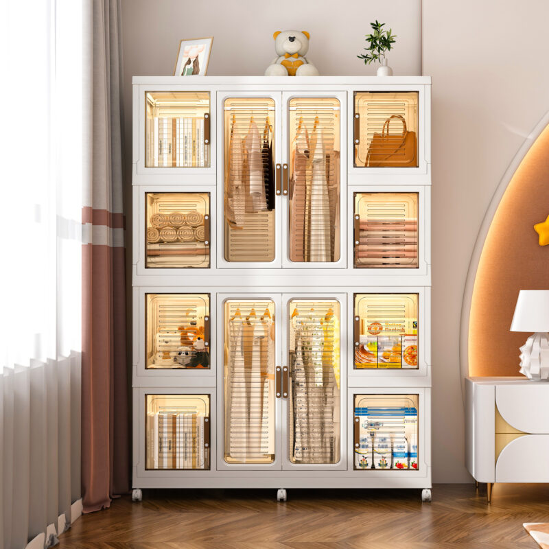 Portable Wardrobe Closet Storage Organizer for Clothes,Clothes Dresser,12 Magnetic Doors-12 Cubes & 2 Hanging Rod,16 pcs hangers , Baby Wardrobe Storage Cabinet,White - Image 4