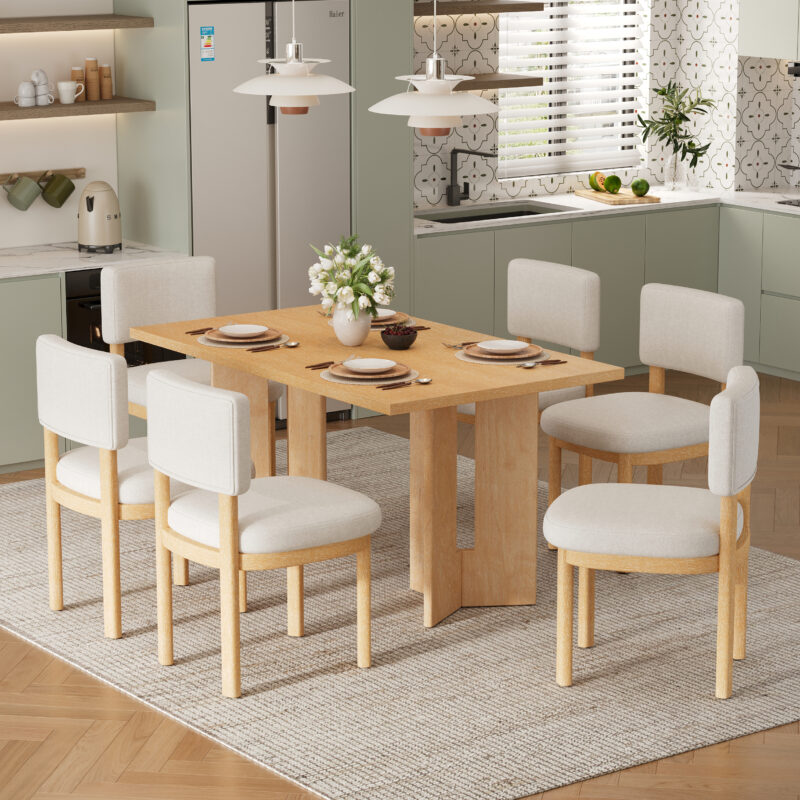 TREXM Farmhouse Wood Dining Table Set for 6 with 6 Upholstered Chairs, 60" Rectangular Dining Table with Cutout Table Legs for Dining Room, Kitchen and Living Room - Image 6