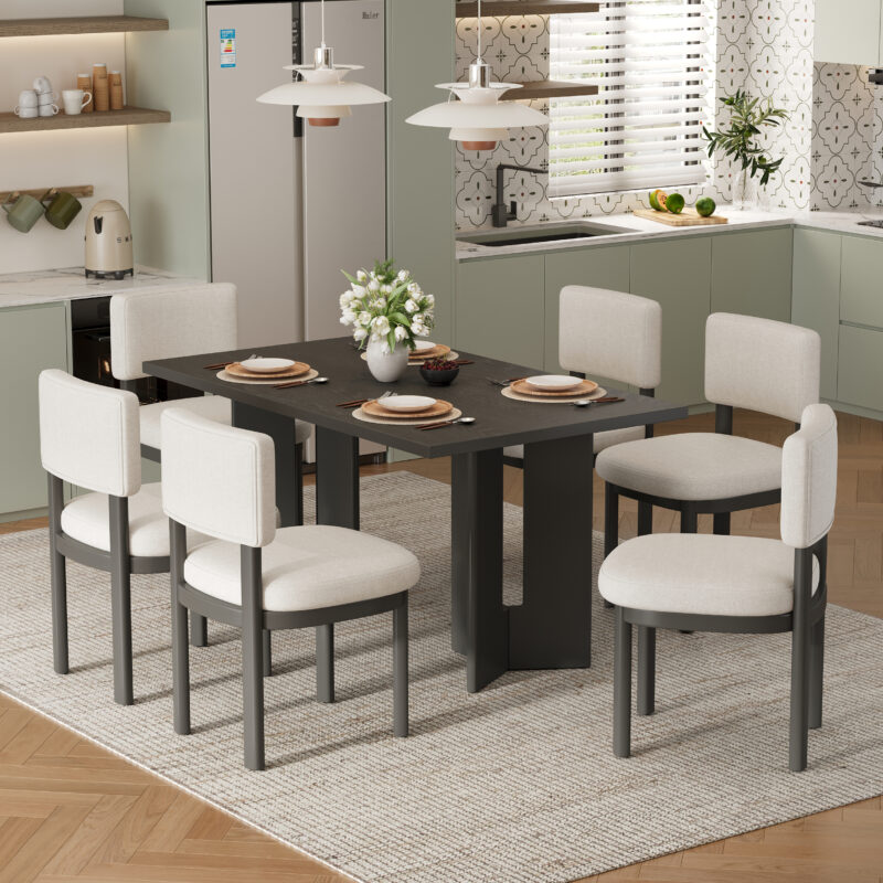 TREXM Farmhouse Wood Dining Table Set for 6 with 6 Upholstered Chairs, 60" Rectangular Dining Table with Cutout Table Legs for Dining Room, Kitchen and Living Room - Image 10