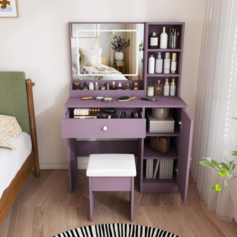 Stylish Vanity Desk Set with Padded Stool & Adjustable LED Lighted Mirror (3 Color Modes), Modern Bedroom Makeup Vanity Desk Combo, Purple - Image 2