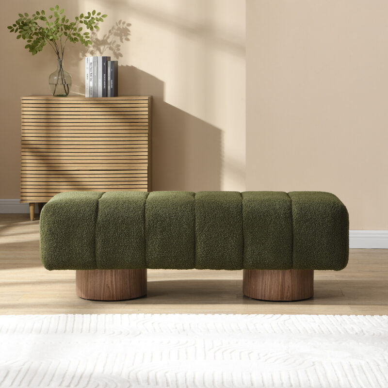 Upholstered Dining Bench for Dining Room, No-Assembly End of Bed Entryway Bench Ottoman for Bedroom Living Room, Green Boucle Fabric, Leg 300 LBS Weight Capacity - Image 5