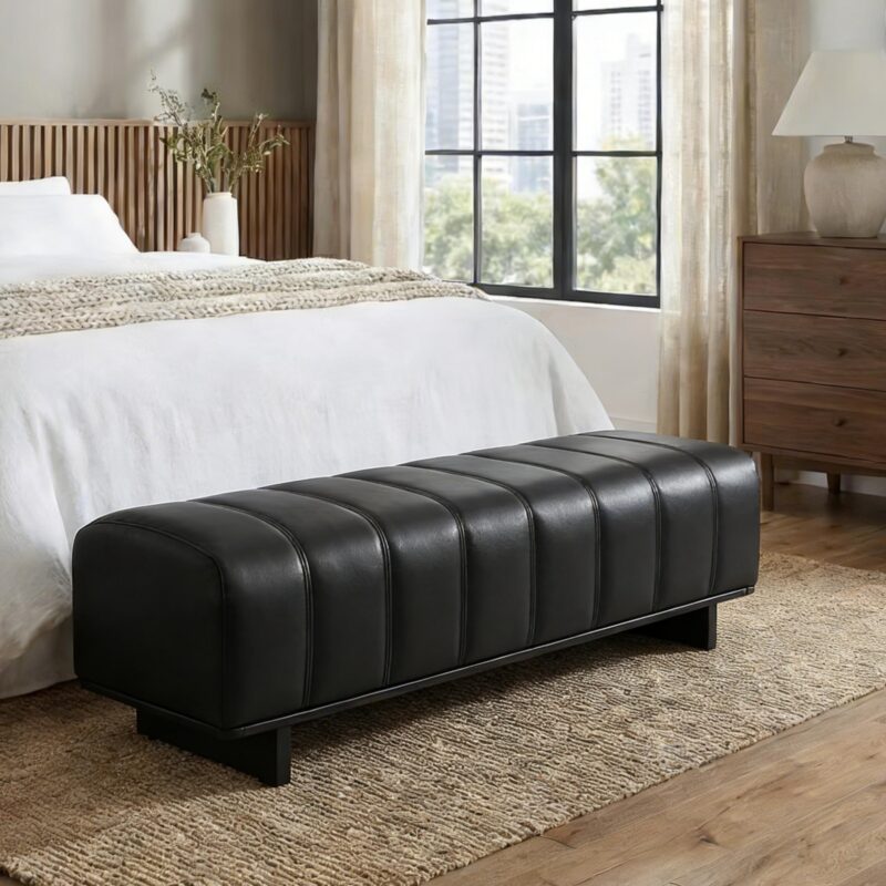 Indoor Dining Bench, Black PU Fabric Bench with Rubber Wood Legs , 250lbs, Comfortable Seating for Dining Room/Living Area - Image 3