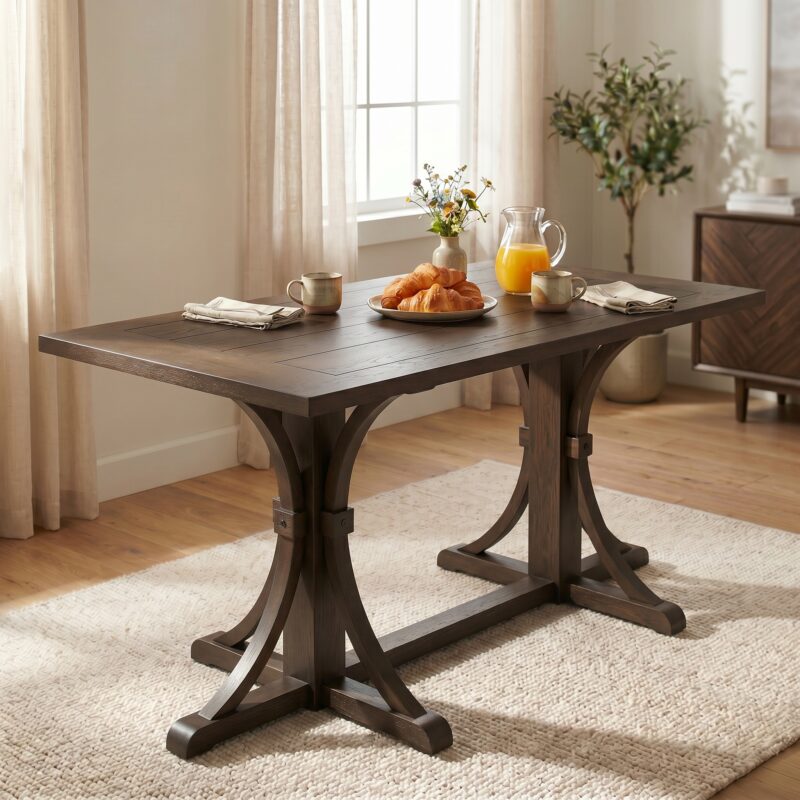 TREXM Solid Wood Dining Table for 6 People, 60" Rustic Farmhouse Dining Room Table with Trestle Base & Curved Legs, Natural Oak Finish, Kitchen Table for Home - Image 8