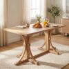 TREXM Solid Wood Dining Table for 6 People, 60" Rustic Farmhouse Dining Room Table with Trestle Base & Curved Legs, Natural Oak Finish, Kitchen Table for Home - Image 2