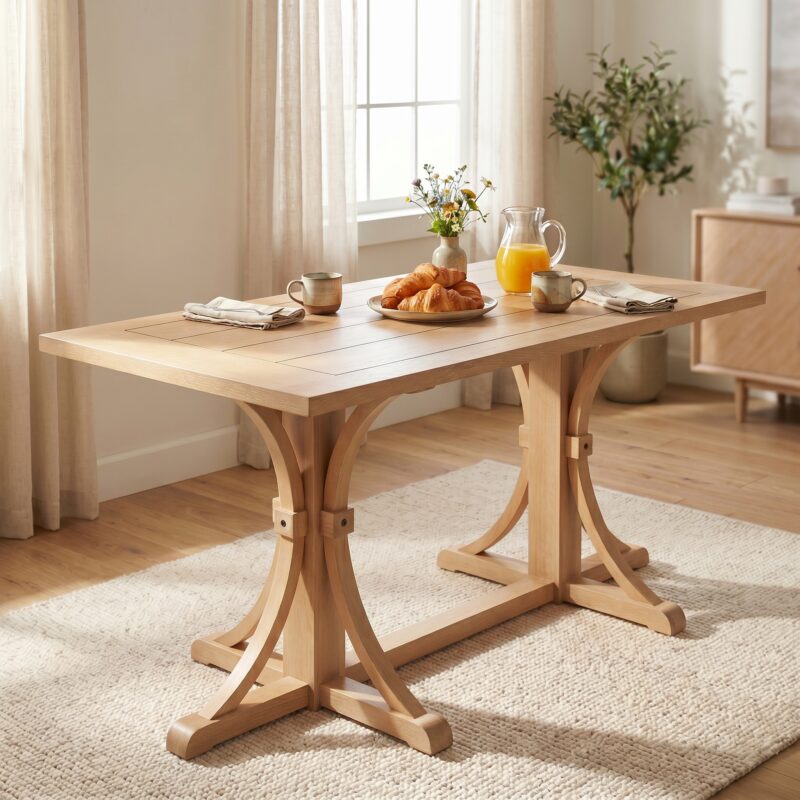 TREXM Solid Wood Dining Table for 6 People, 60" Rustic Farmhouse Dining Room Table with Trestle Base & Curved Legs, Natural Oak Finish, Kitchen Table for Home - Image 2
