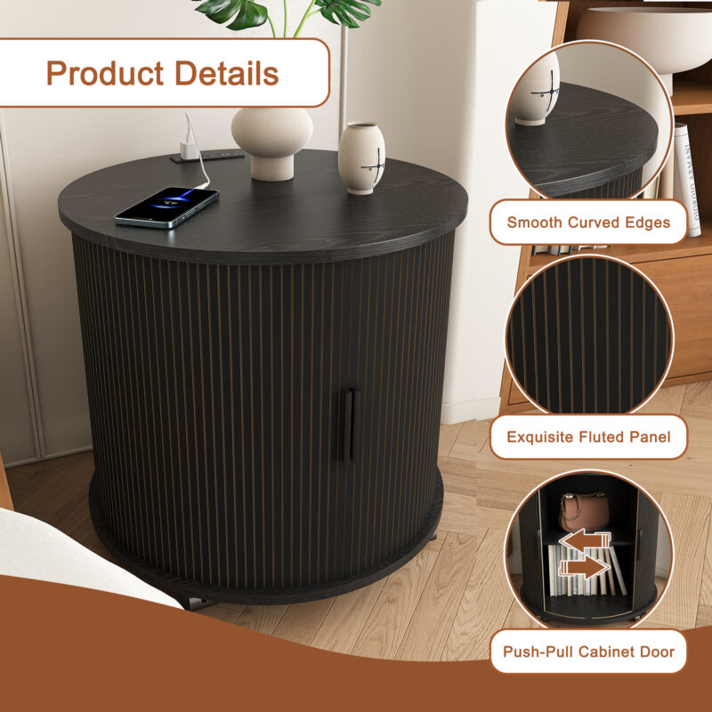 Mid Century Modern Cylinder End Table with Built-in Charging Station & Sliding Door, 2-Tier Storage Round Nightstand with USB Ports, Walnut Bedside Table for Living Room, Bedroom, Entryway - Image 17