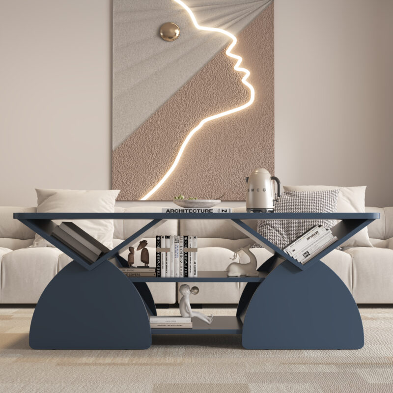 Engineered wood rounded corner rectangular coffee table for living room, easy assembly storage table with open shelves sturdy frame for Reception Room, Modern Coffee Table Geometric Design - Image 13