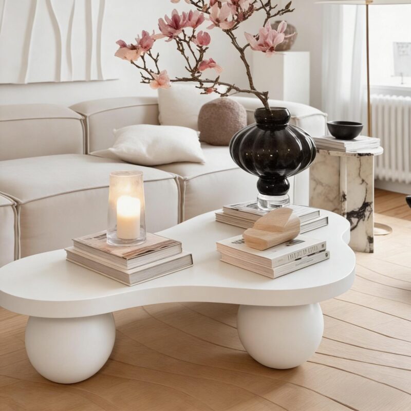 46'' Funky Unique Modern Coffee Table, Abstract Irregular Shape Low Profile Wooden Living Room Table with Ball Legs,Cute Center Tables,Tea Table for Bedroom,Apartment,Living Room - Image 7