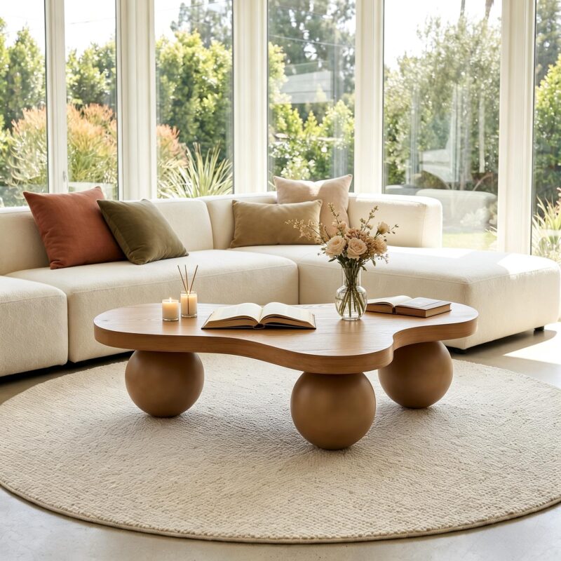 46'' Funky Unique Modern Coffee Table, Abstract Irregular Shape Low Profile Wooden Living Room Table with Ball Legs,Cute Center Tables,Tea Table for Bedroom,Apartment,Living Room - Image 4
