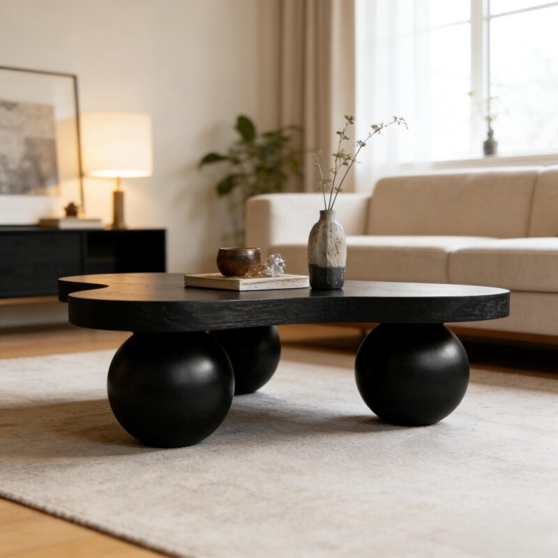 46'' Funky Unique Modern Coffee Table, Abstract Irregular Shape Low Profile Wooden Living Room Table with Ball Legs,Cute Center Tables,Tea Table for Bedroom,Apartment,Living Room - Image 2