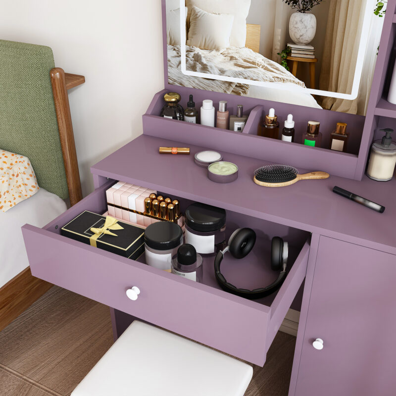 Stylish Vanity Desk Set with Padded Stool & Adjustable LED Lighted Mirror (3 Color Modes), Modern Bedroom Makeup Vanity Desk Combo, Purple - Image 13
