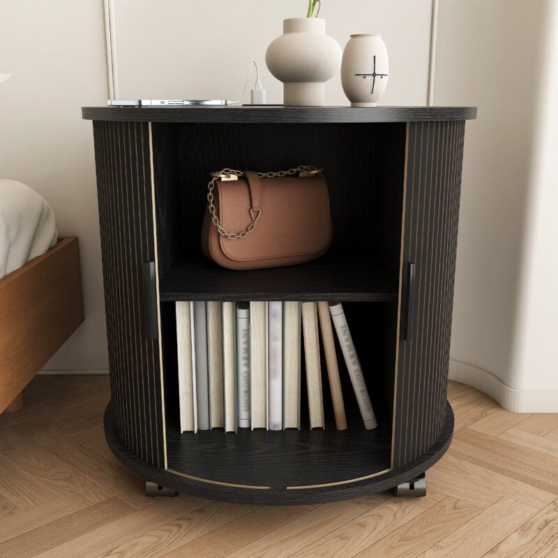 Mid Century Modern Cylinder End Table with Built-in Charging Station & Sliding Door, 2-Tier Storage Round Nightstand with USB Ports, Walnut Bedside Table for Living Room, Bedroom, Entryway - Image 12