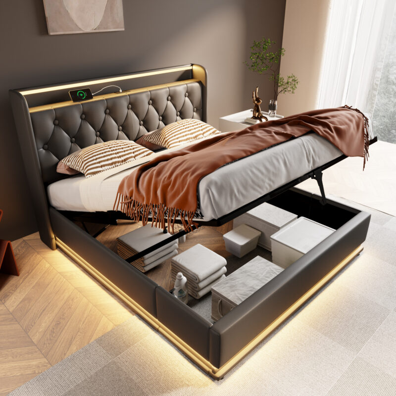 Full size Upholstered bed, 360 surround LED function, Buttons/Apps/Remote Control, hydraulic storage bed with USB Type-C charging, Black,PU (Without mattress) - Image 8