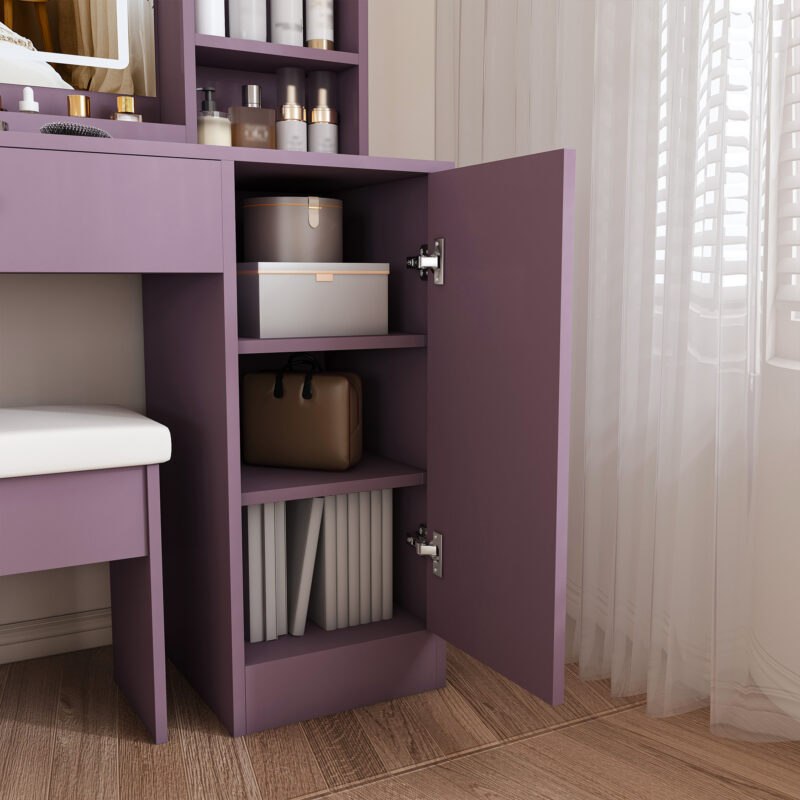 Stylish Vanity Desk Set with Padded Stool & Adjustable LED Lighted Mirror (3 Color Modes), Modern Bedroom Makeup Vanity Desk Combo, Purple - Image 12