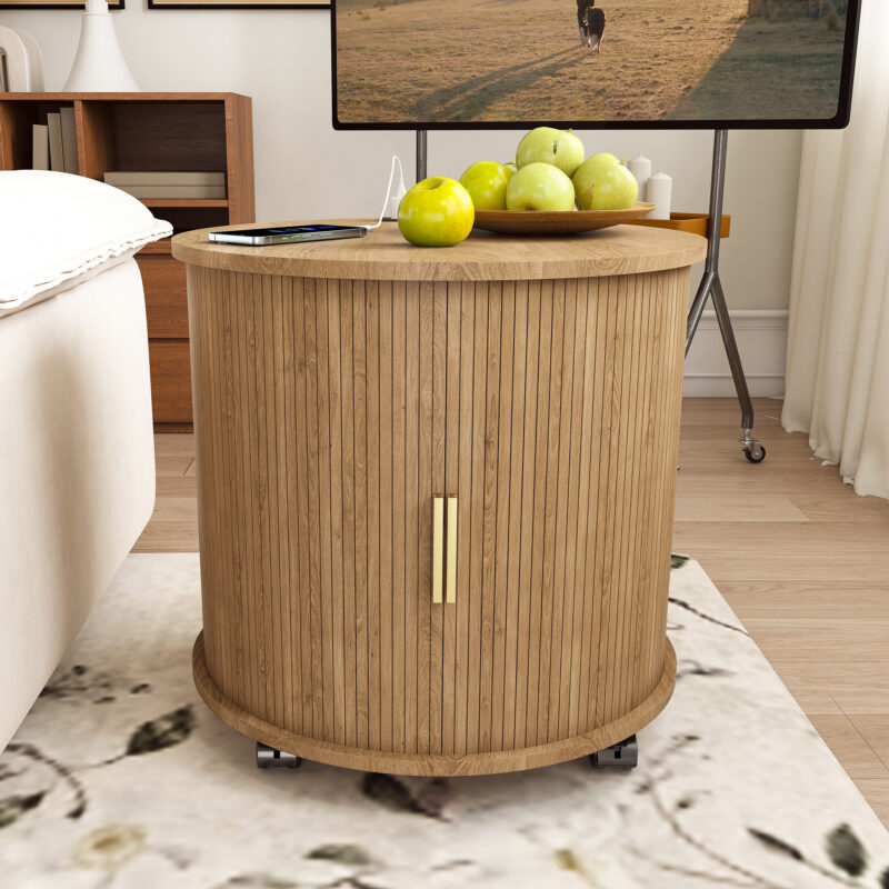 Mid Century Modern Cylinder End Table with Built-in Charging Station & Sliding Door, 2-Tier Storage Round Nightstand with USB Ports, Walnut Bedside Table for Living Room, Bedroom, Entryway - Image 26