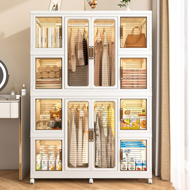 Portable Wardrobe Closet Storage Organizer for Clothes,Clothes Dresser,12 Magnetic Doors-12 Cubes & 2 Hanging Rod,16 pcs hangers , Baby Wardrobe Storage Cabinet,White - Image 8