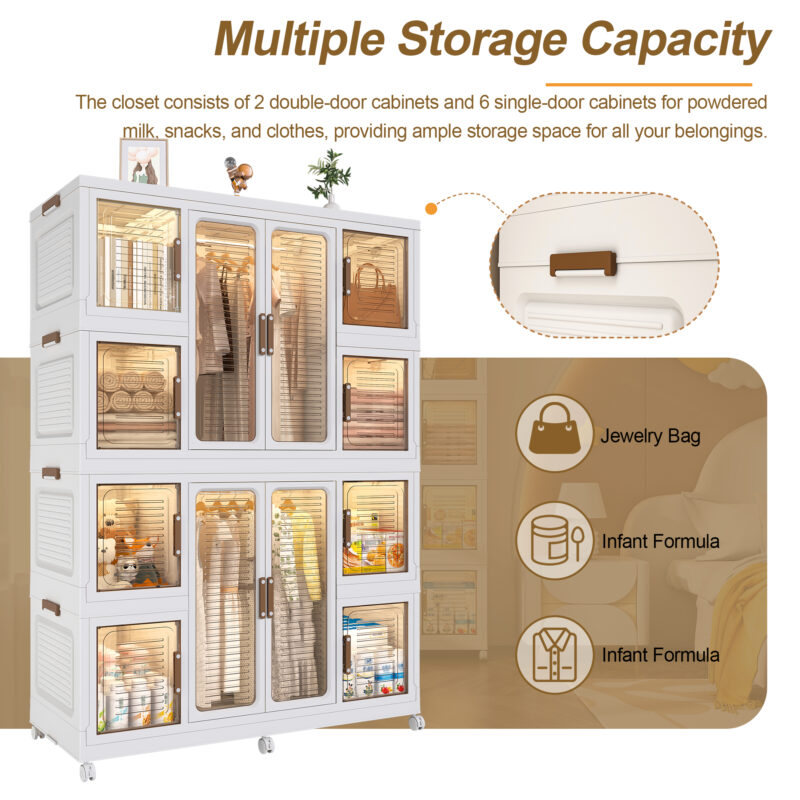 Portable Wardrobe Closet Storage Organizer for Clothes,Clothes Dresser,12 Magnetic Doors-12 Cubes & 2 Hanging Rod,16 pcs hangers , Baby Wardrobe Storage Cabinet,White - Image 7