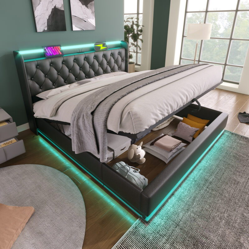 Full size Upholstered bed, 360 surround LED function, Buttons/Apps/Remote Control, hydraulic storage bed with USB Type-C charging, Black,PU (Without mattress) - Image 10