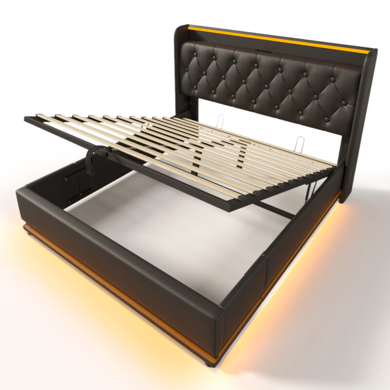 Full size Upholstered bed, 360 surround LED function, Buttons/Apps/Remote Control, hydraulic storage bed with USB Type-C charging, Black,PU (Without mattress) - Image 16