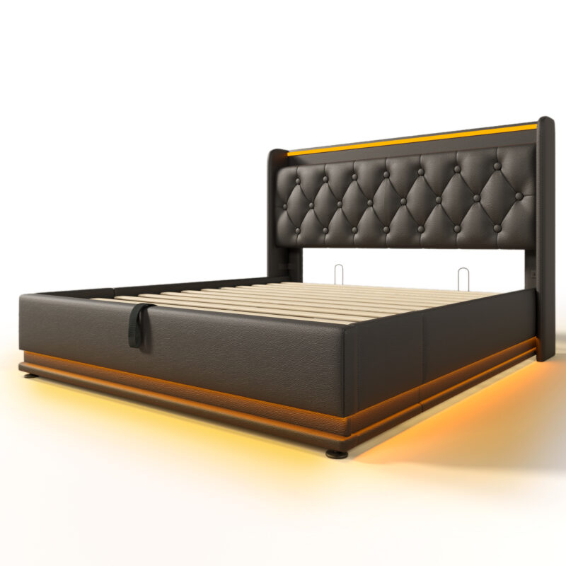 Full size Upholstered bed, 360 surround LED function, Buttons/Apps/Remote Control, hydraulic storage bed with USB Type-C charging, Black,PU (Without mattress) - Image 15