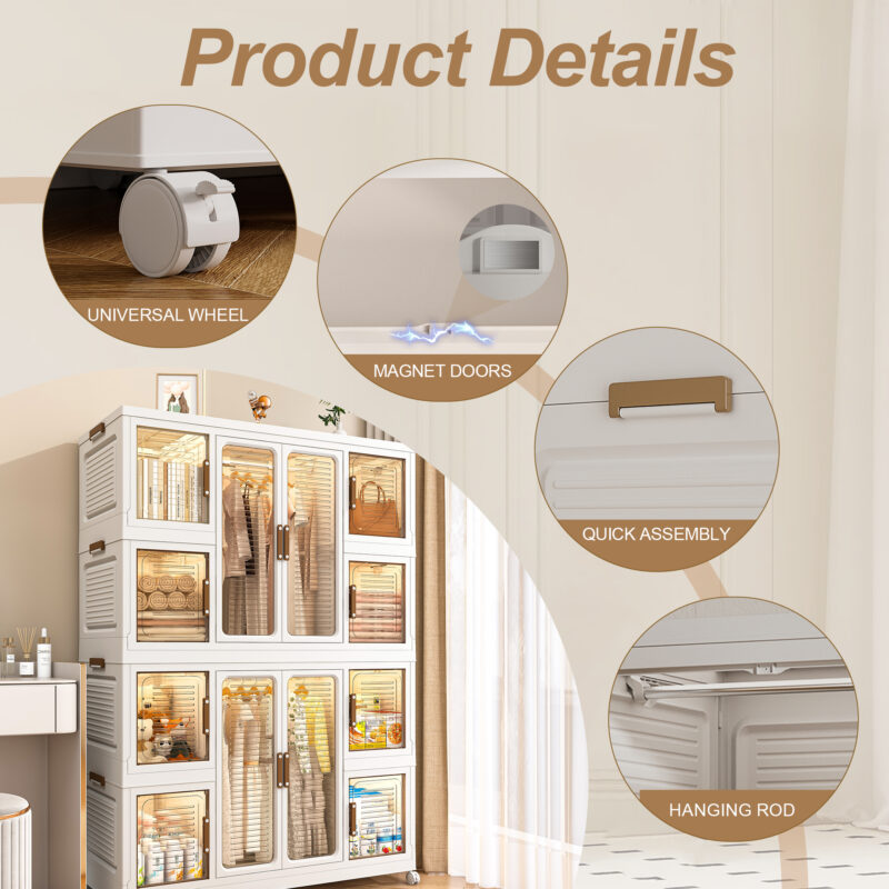 Portable Wardrobe Closet Storage Organizer for Clothes,Clothes Dresser,12 Magnetic Doors-12 Cubes & 2 Hanging Rod,16 pcs hangers , Baby Wardrobe Storage Cabinet,White - Image 10