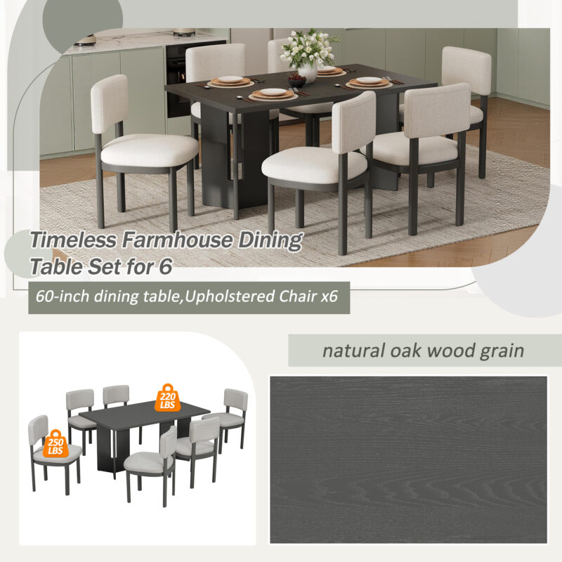 TREXM Farmhouse Wood Dining Table Set for 6 with 6 Upholstered Chairs, 60" Rectangular Dining Table with Cutout Table Legs for Dining Room, Kitchen and Living Room - Image 9