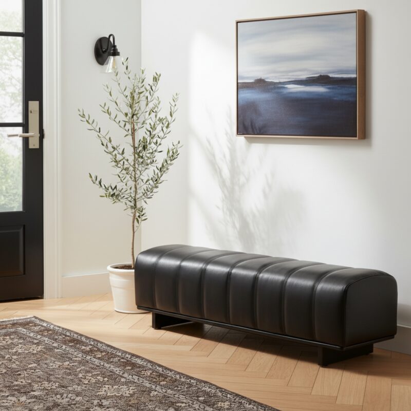 Indoor Dining Bench, Black PU Fabric Bench with Rubber Wood Legs , 250lbs, Comfortable Seating for Dining Room/Living Area - Image 2