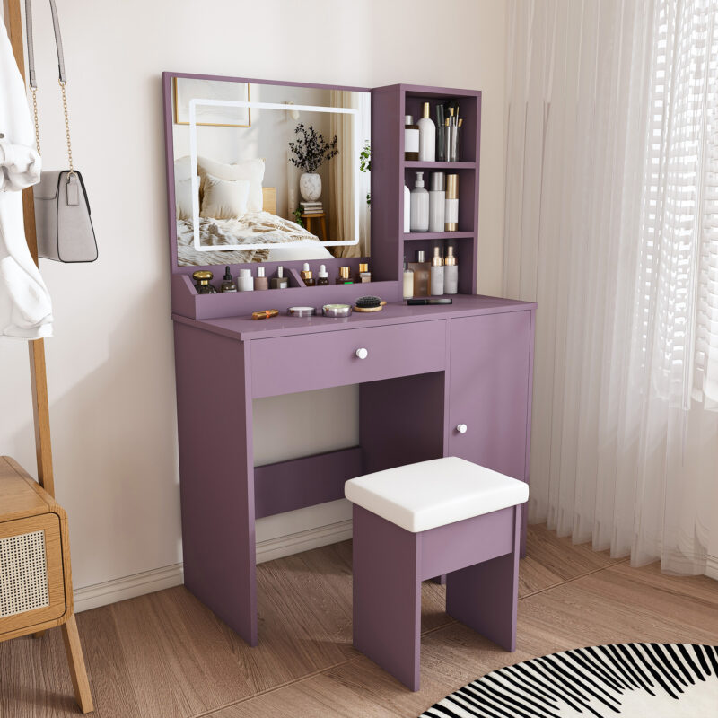 Stylish Vanity Desk Set with Padded Stool & Adjustable LED Lighted Mirror (3 Color Modes), Modern Bedroom Makeup Vanity Desk Combo, Purple - Image 9