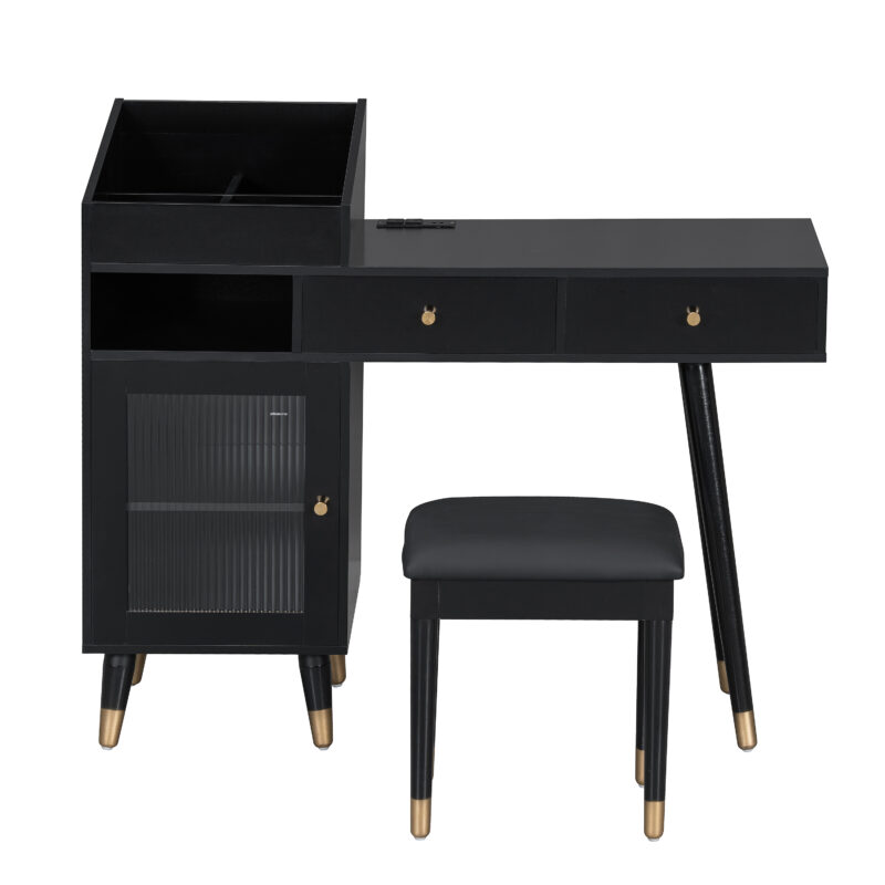 Modern Makeup Vanity Desk with Drawers, Cabinet & Charging Port, Space-saving Dressing Table Set with Stool for Small Places, Black - Image 8