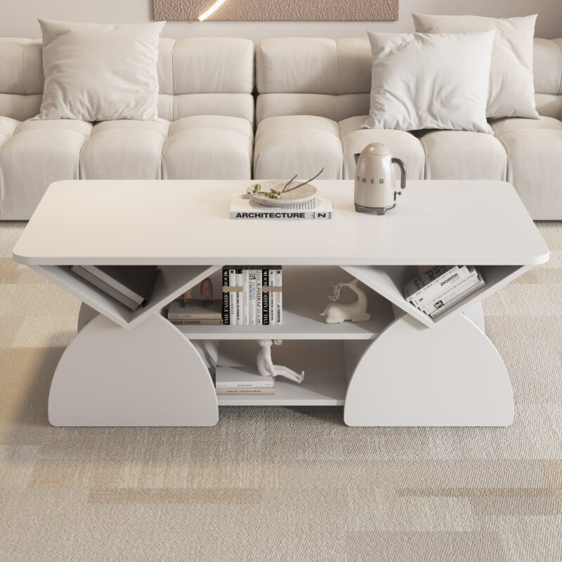 Engineered wood rounded corner rectangular coffee table for living room, easy assembly storage table with open shelves sturdy frame for Reception Room, Modern Coffee Table Geometric Design - Image 4