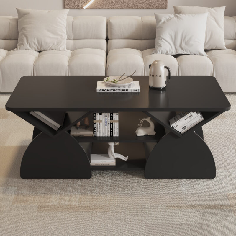 Engineered wood rounded corner rectangular coffee table for living room, easy assembly storage table with open shelves sturdy frame for Reception Room, Modern Coffee Table Geometric Design - Image 9