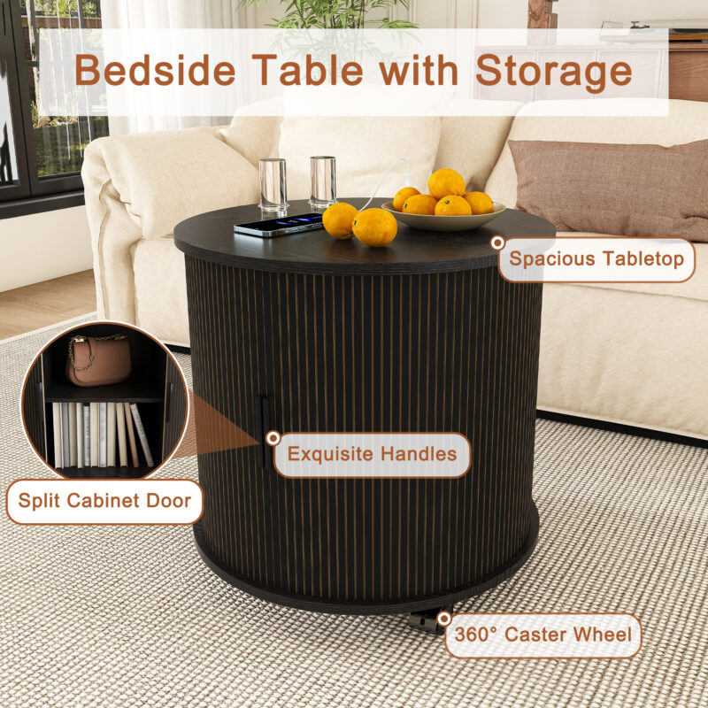 Mid Century Modern Cylinder End Table with Built-in Charging Station & Sliding Door, 2-Tier Storage Round Nightstand with USB Ports, Walnut Bedside Table for Living Room, Bedroom, Entryway - Image 18