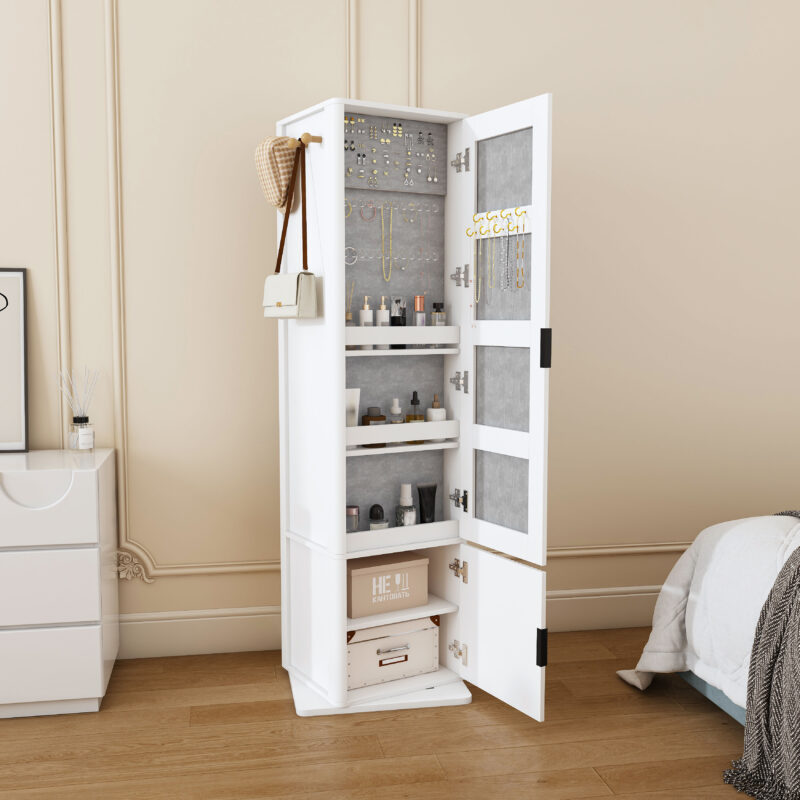 360° rotating makeup cabinet, jewelry cabinet with a full-length mirror, standing storage cabinet with a coat rack, 4 layers of open shelves and 2 layers of built-in shelves - Image 12