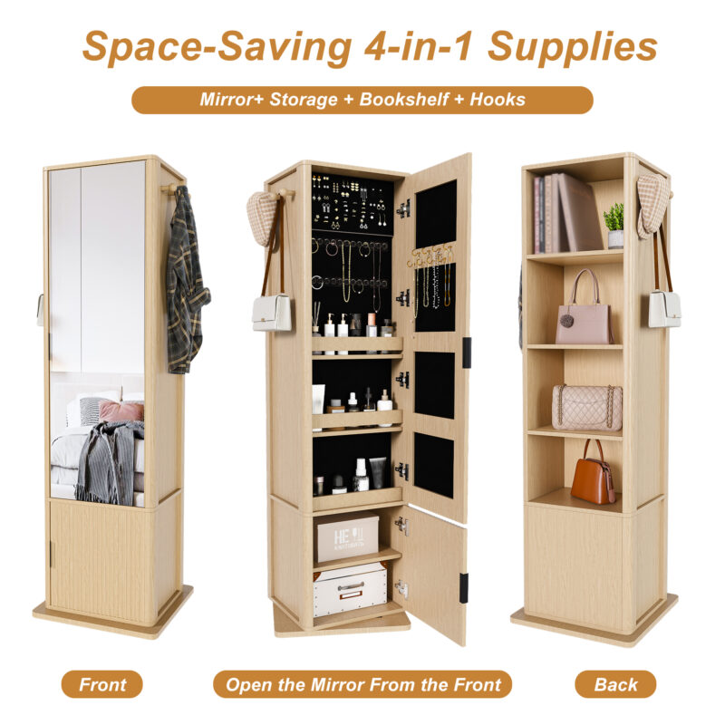 360° rotating makeup cabinet, jewelry cabinet with a full-length mirror, standing storage cabinet with a coat rack, 4 layers of open shelves and 2 layers of built-in shelves - Image 2
