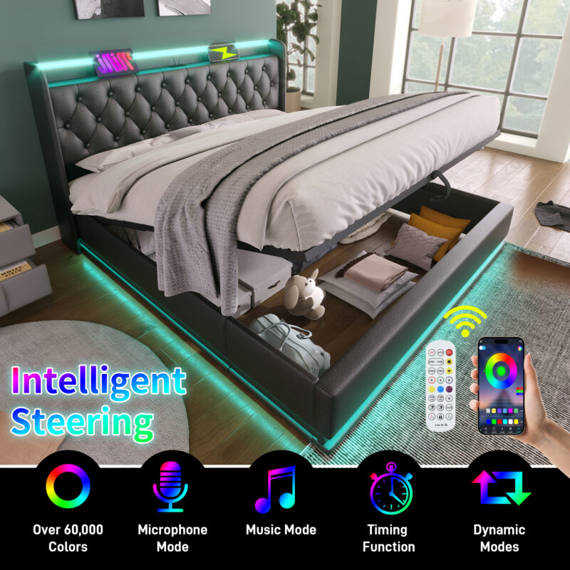 Full size Upholstered bed, 360 surround LED function, Buttons/Apps/Remote Control, hydraulic storage bed with USB Type-C charging, Black,PU (Without mattress) - Image 7