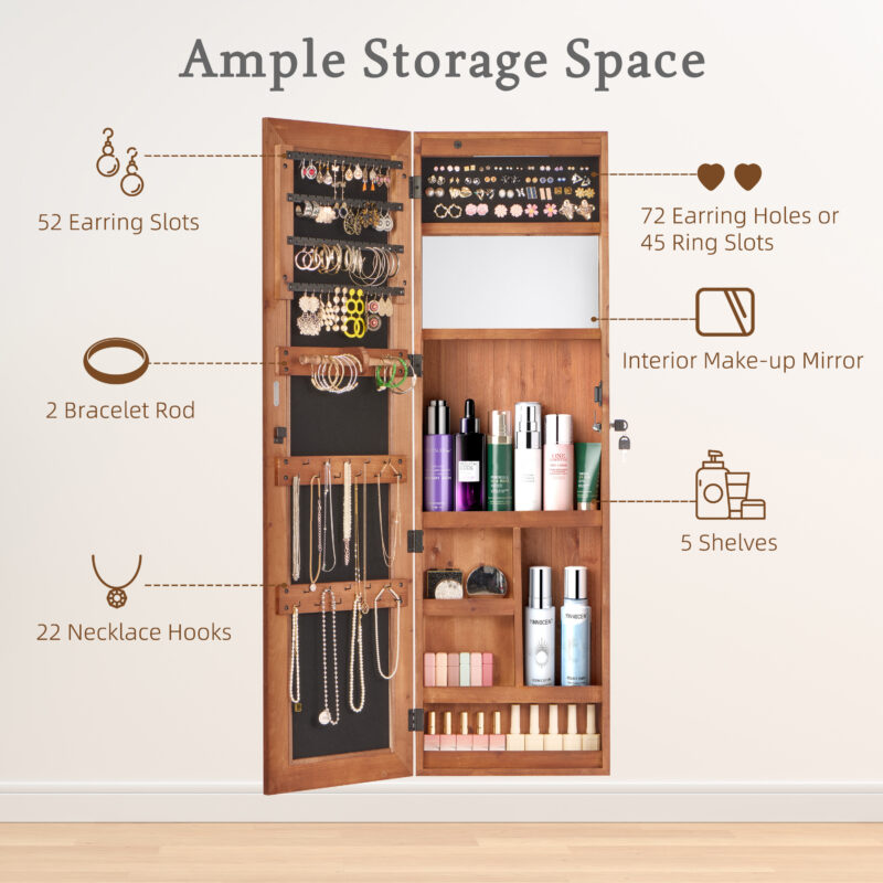 Solid Wood Jewelry Armoire Organizer Cabinet with Full-Length Mirror, 47.5x14.3 in Wall-Mounted Lockable with LED Light - Image 9