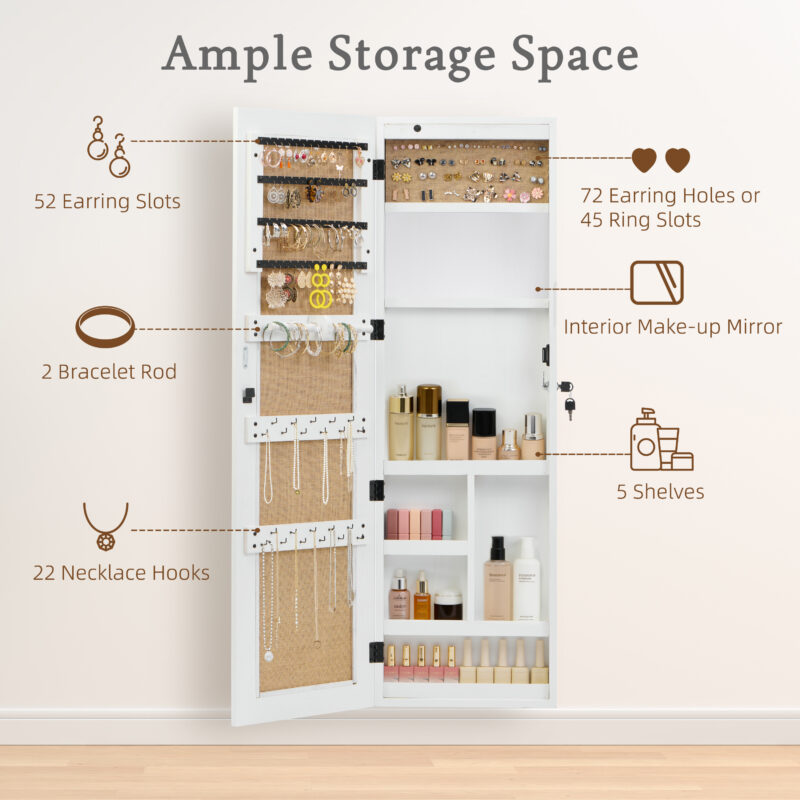 Solid Wood Jewelry Armoire Organizer Cabinet with Full-Length Mirror, 47.5x14.3 in Wall-Mounted Lockable with LED Light - Image 7