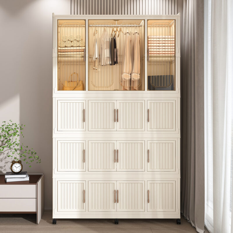 Portable Wardrobe Closet Storage Organizer for Clothes,Clothes Dresser,17 Magnetic Doors-17 Cubes & 1 Hanging Rod,6 pcs hangers , Baby Wardrobe Storage Cabinet,White - Image 5