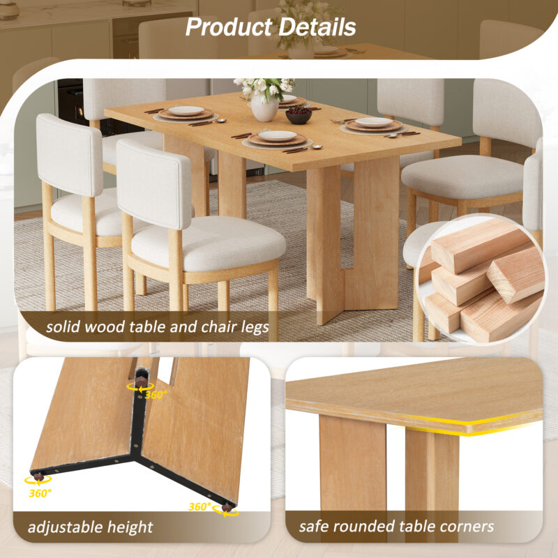 TREXM Farmhouse Wood Dining Table Set for 6 with 6 Upholstered Chairs, 60" Rectangular Dining Table with Cutout Table Legs for Dining Room, Kitchen and Living Room - Image 4