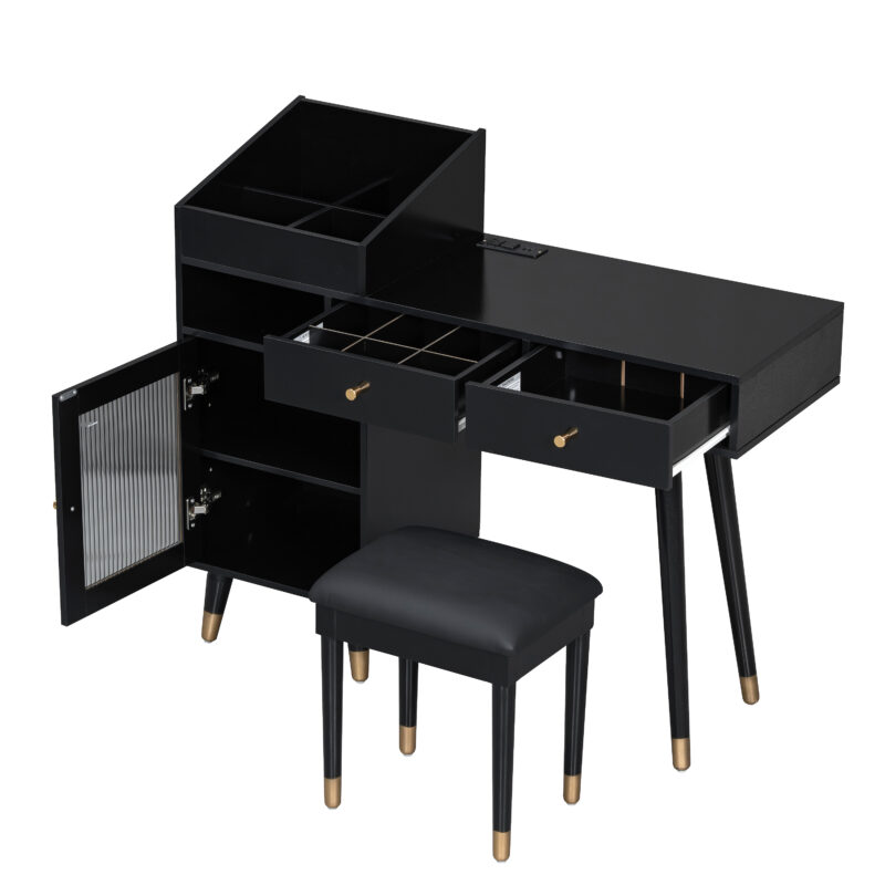 Modern Makeup Vanity Desk with Drawers, Cabinet & Charging Port, Space-saving Dressing Table Set with Stool for Small Places, Black - Image 7