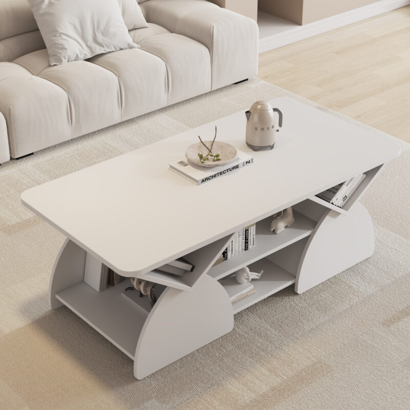 Engineered wood rounded corner rectangular coffee table for living room, easy assembly storage table with open shelves sturdy frame for Reception Room, Modern Coffee Table Geometric Design - Image 3