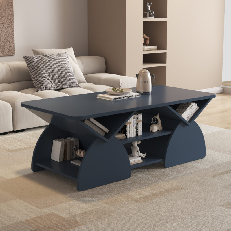 Engineered wood rounded corner rectangular coffee table for living room, easy assembly storage table with open shelves sturdy frame for Reception Room, Modern Coffee Table Geometric Design - Image 10