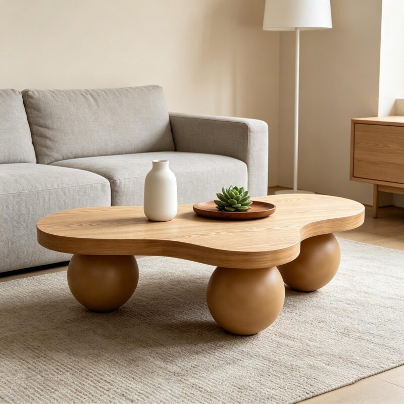 46'' Funky Unique Modern Coffee Table, Abstract Irregular Shape Low Profile Wooden Living Room Table with Ball Legs,Cute Center Tables,Tea Table for Bedroom,Apartment,Living Room - Image 6