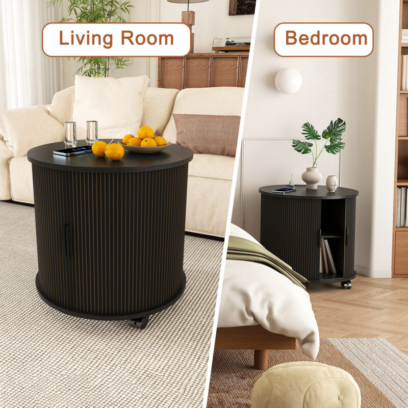 Mid Century Modern Cylinder End Table with Built-in Charging Station & Sliding Door, 2-Tier Storage Round Nightstand with USB Ports, Walnut Bedside Table for Living Room, Bedroom, Entryway - Image 19