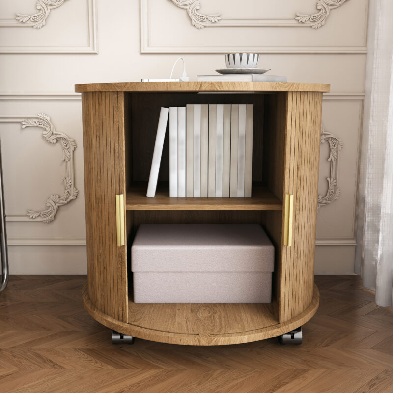 Mid Century Modern Cylinder End Table with Built-in Charging Station & Sliding Door, 2-Tier Storage Round Nightstand with USB Ports, Walnut Bedside Table for Living Room, Bedroom, Entryway - Image 25