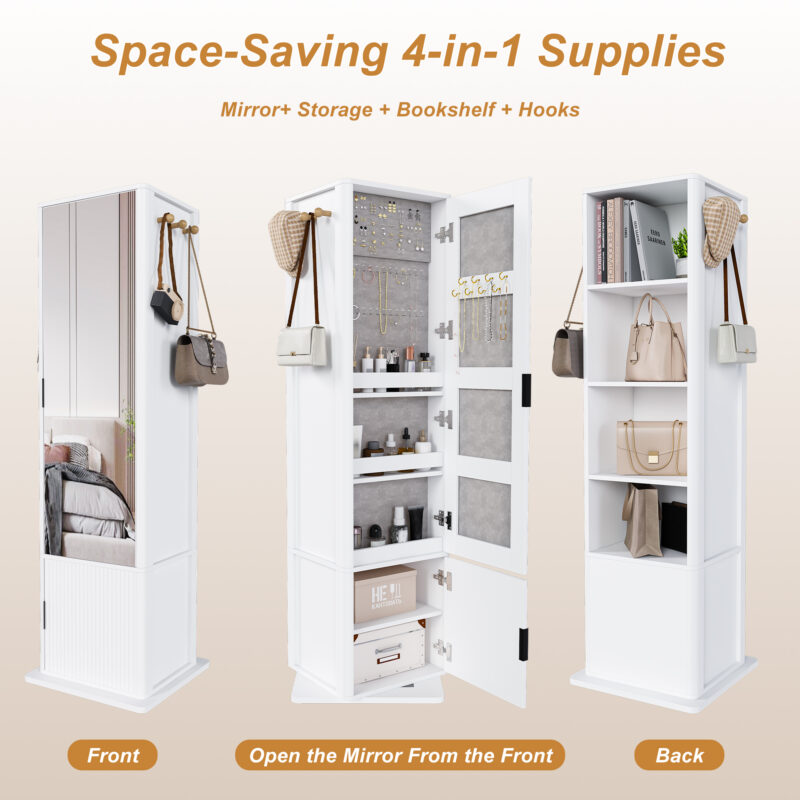 360° rotating makeup cabinet, jewelry cabinet with a full-length mirror, standing storage cabinet with a coat rack, 4 layers of open shelves and 2 layers of built-in shelves - Image 11