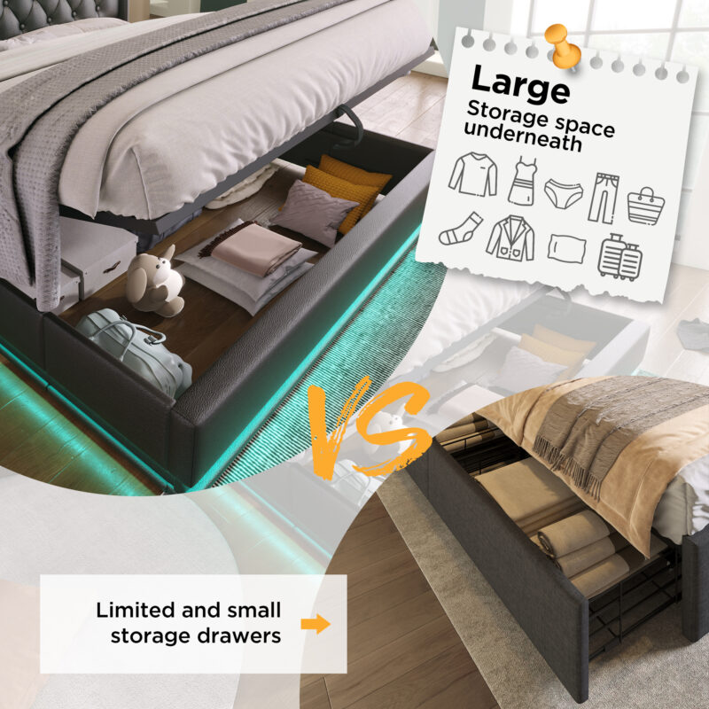 Full size Upholstered bed, 360 surround LED function, Buttons/Apps/Remote Control, hydraulic storage bed with USB Type-C charging, Black,PU (Without mattress) - Image 6