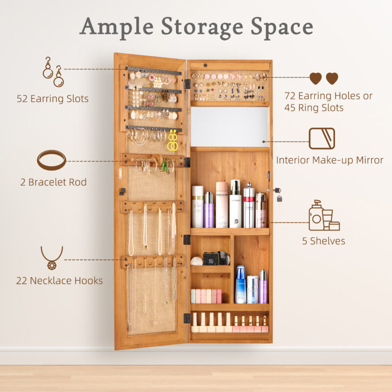 Solid Wood Jewelry Armoire Organizer Cabinet with Full-Length Mirror, 47.5x14.3 in Wall-Mounted Lockable with LED Light - Image 14