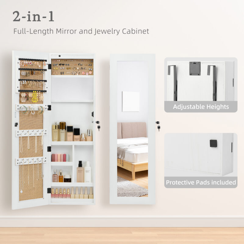 Solid Wood Jewelry Armoire Organizer Cabinet with Full-Length Mirror, 47.5x14.3 in Wall-Mounted Lockable with LED Light - Image 6